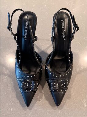 Public Desire Black Studded Pointed Slingback Heels with Bow
